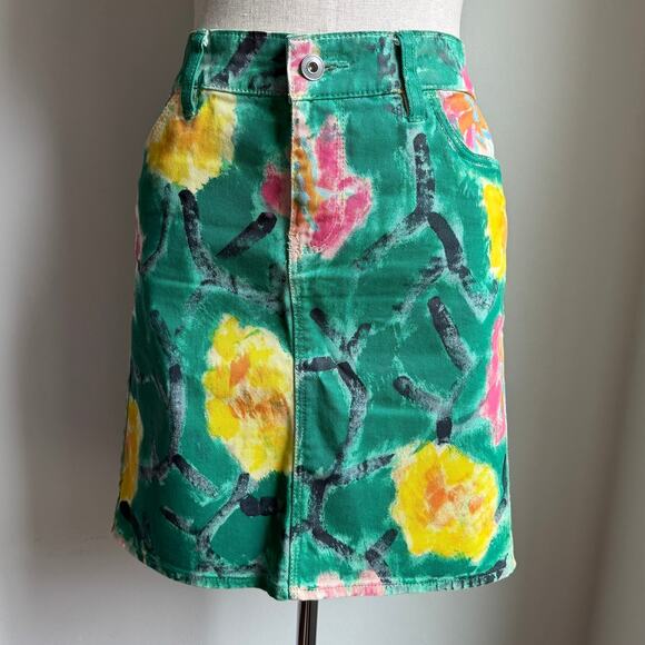 Anthropologie Floral Hand-Painted Print Mini Skirt Green Multicolor Size 27 - Picture 1 of 8